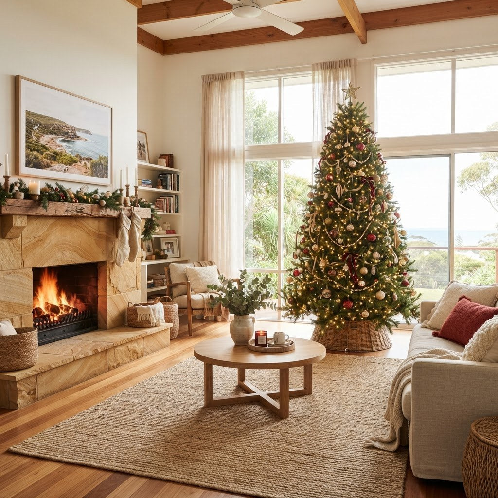 Grand realistic pre-lit Christmas tree with warm white lights and red and gold baubles in a bright Australian living room