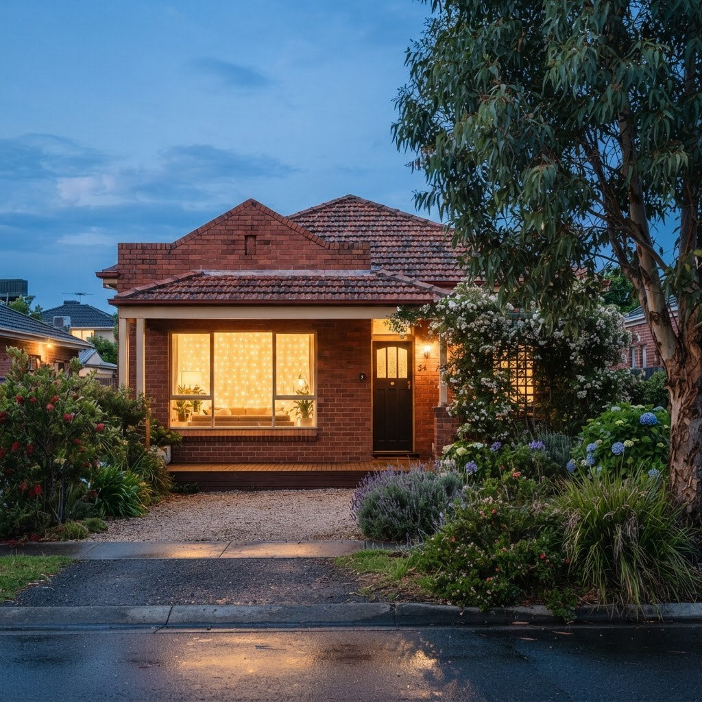 Christmas window lights glowing in a large window of an Australian home at dusk