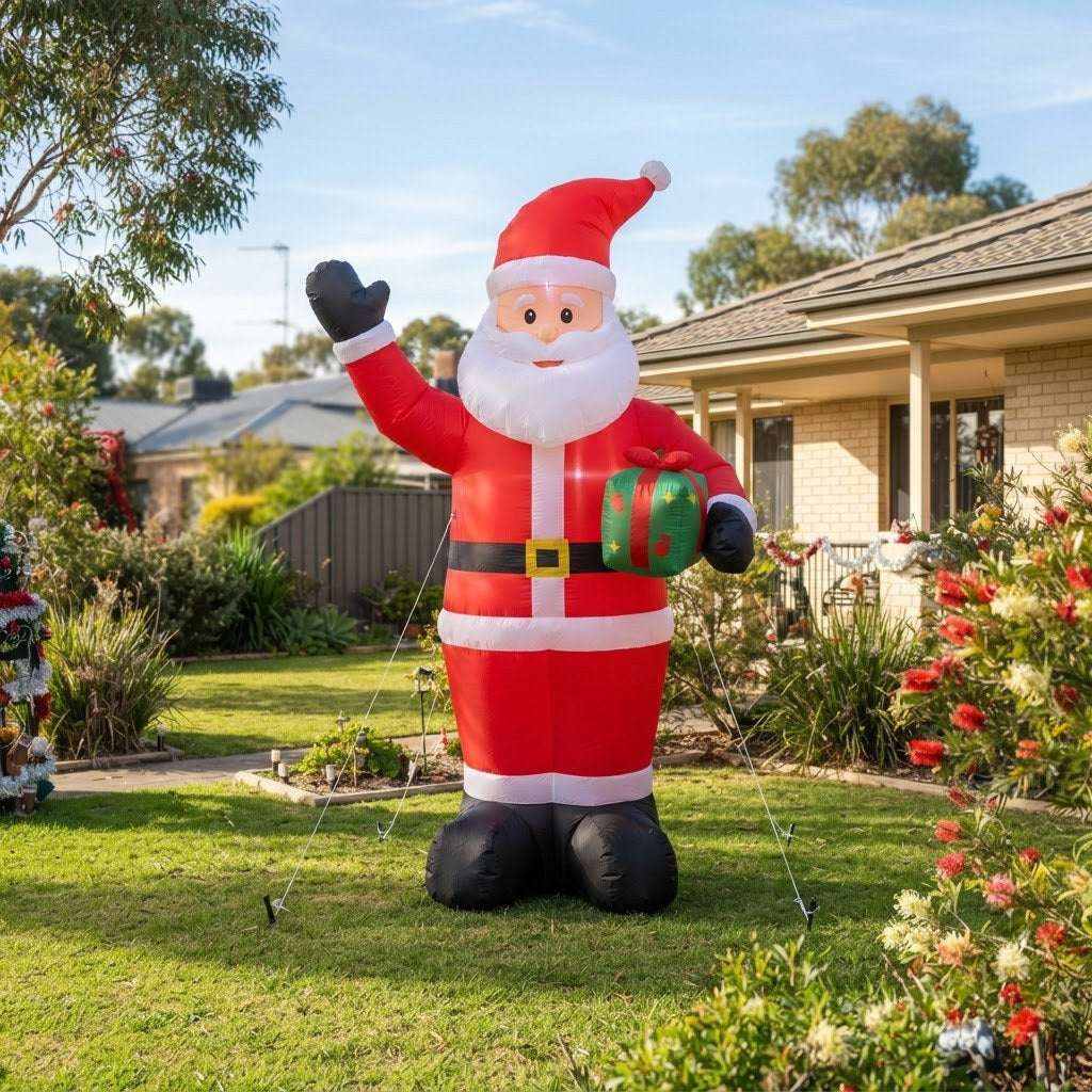 Giant inflatable Santa Christmas decoration in a front yard