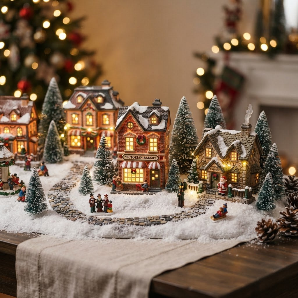 Miniature lit Christmas village houses and figurines on a tabletop