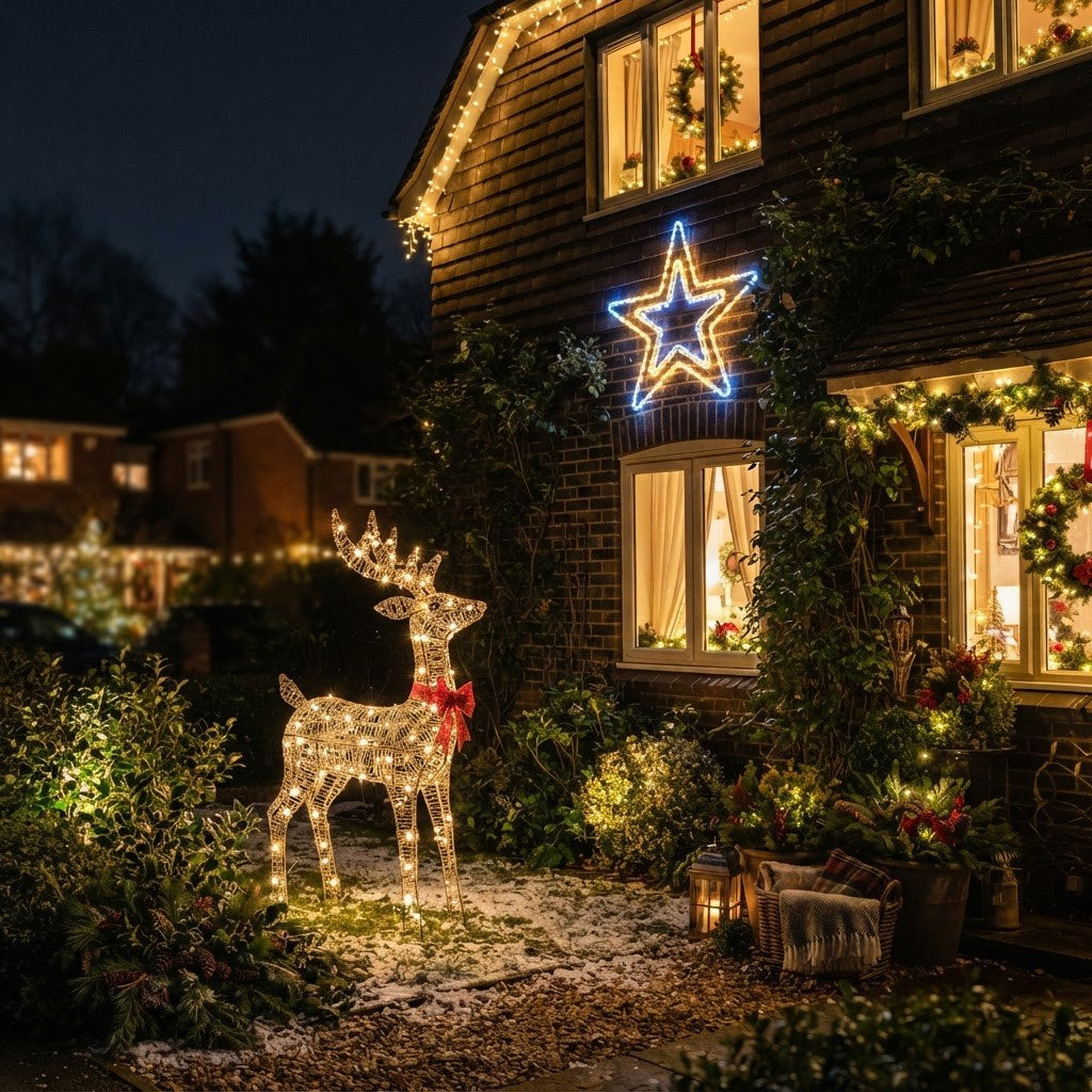 Glowing 3D reindeer and rope light star displays on a house at night