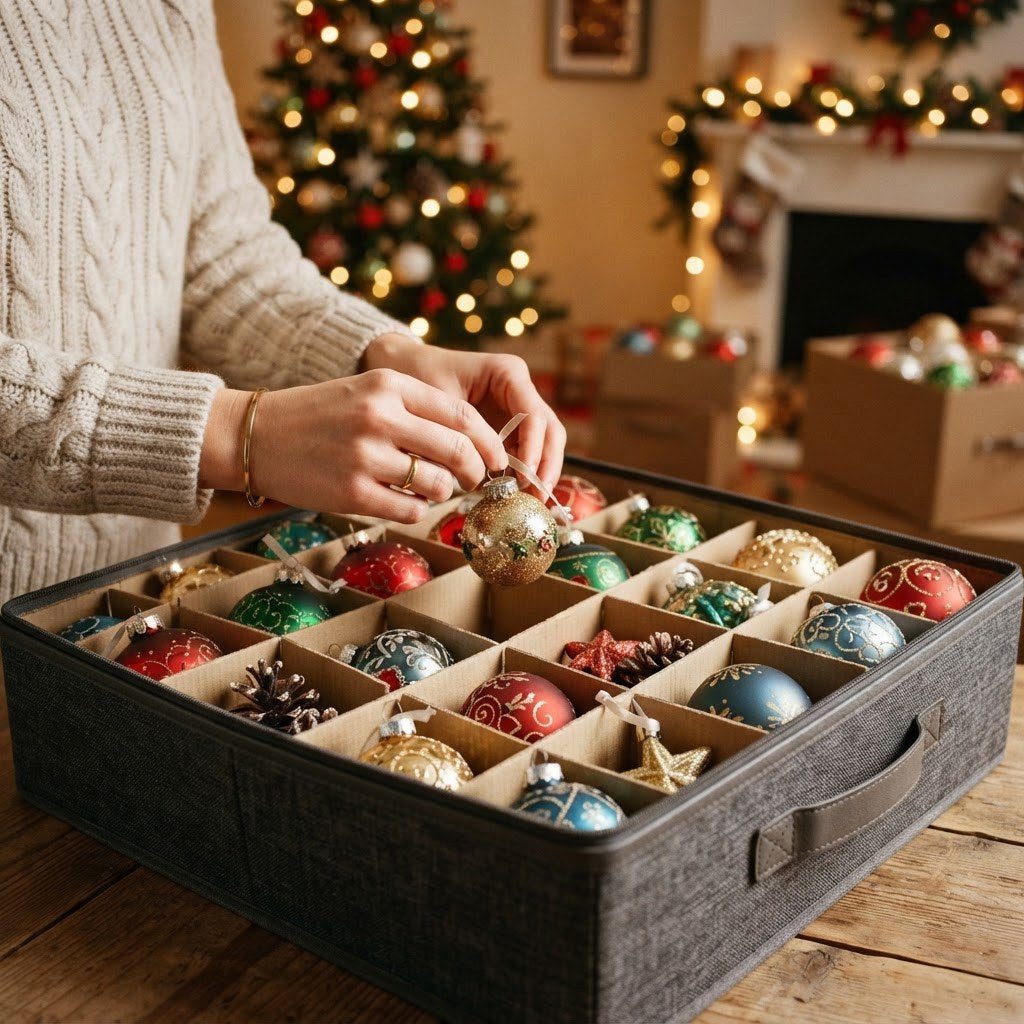 Ornament storage boxes with divided compartments for baubles