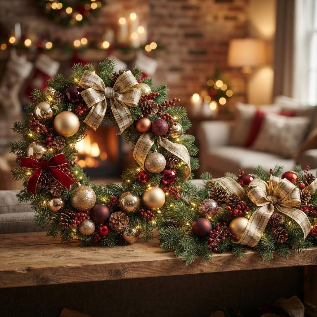 Christmas wreath and matching garland with baubles and gold ribbon