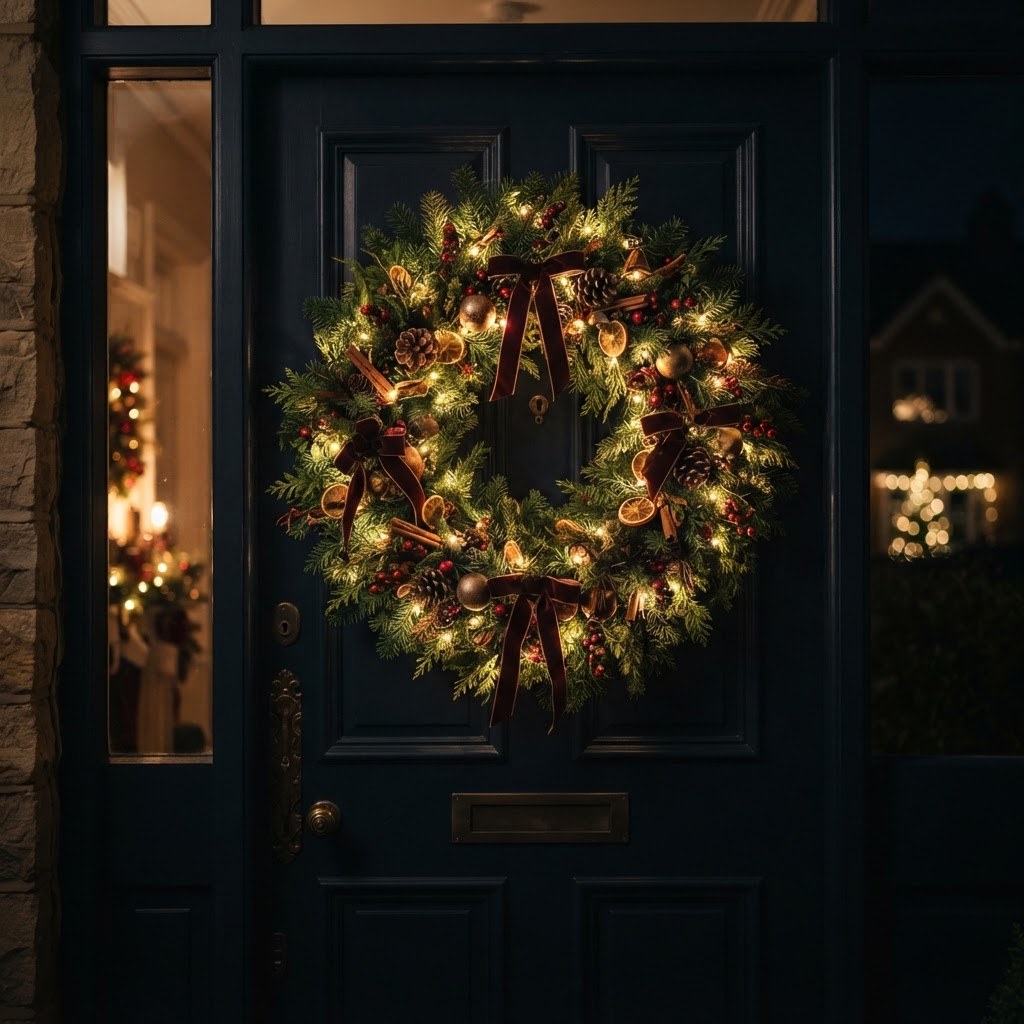 Pre-lit Christmas wreath with warm LED lights on a door at night