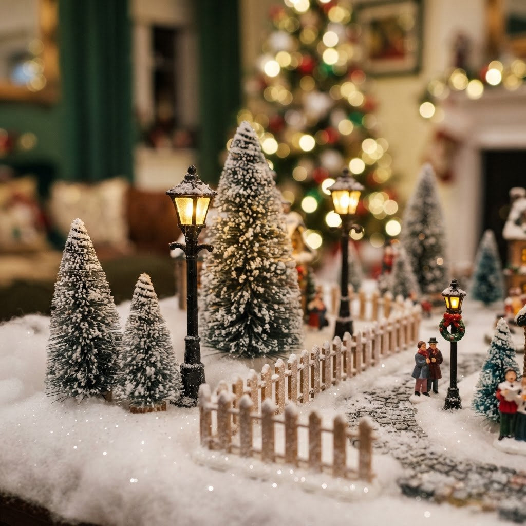 Miniature Christmas village trees, lamp posts and fences