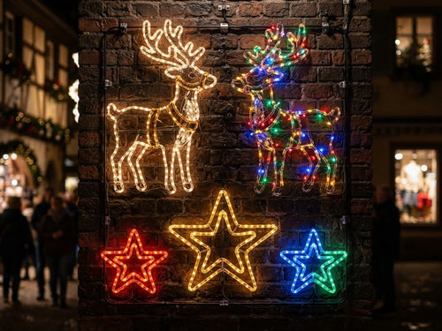 Colourful rope light reindeer and star motifs on a brick wall