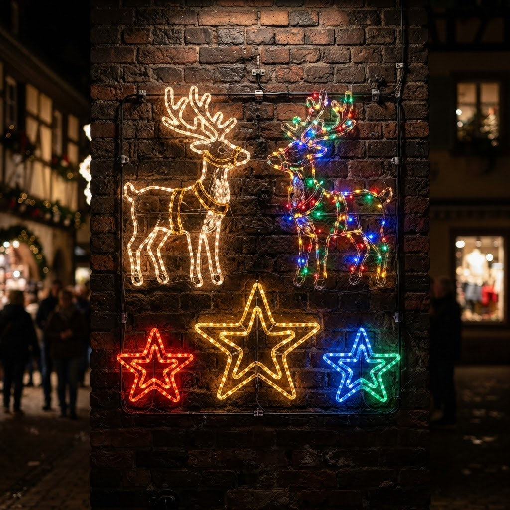 Colourful rope light reindeer and star motifs on a brick wall