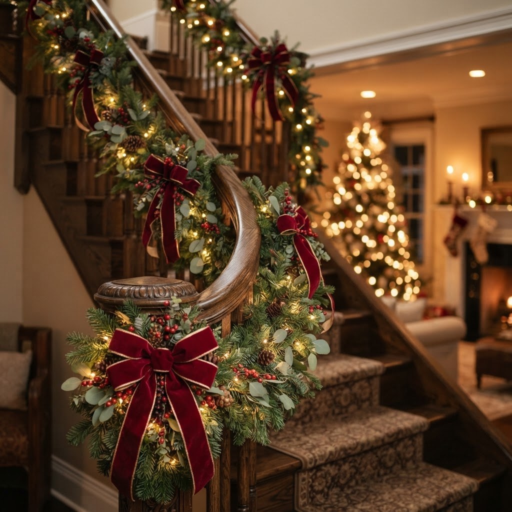 Pre-lit Christmas garland with lights draped on a staircase