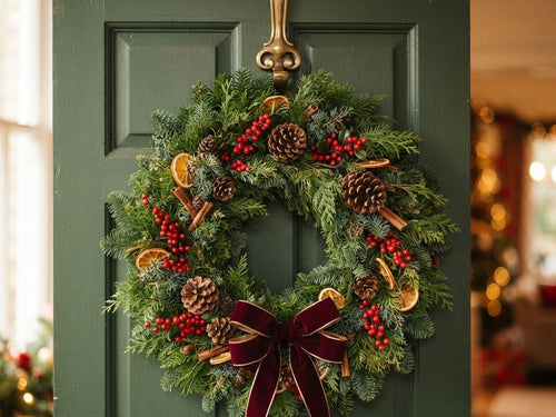 Christmas wreath hanging from a brass over-door hanger