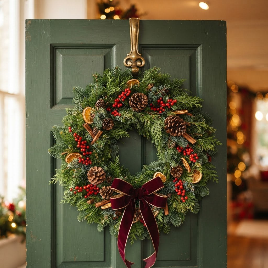 Christmas wreath hanging from a brass over-door hanger