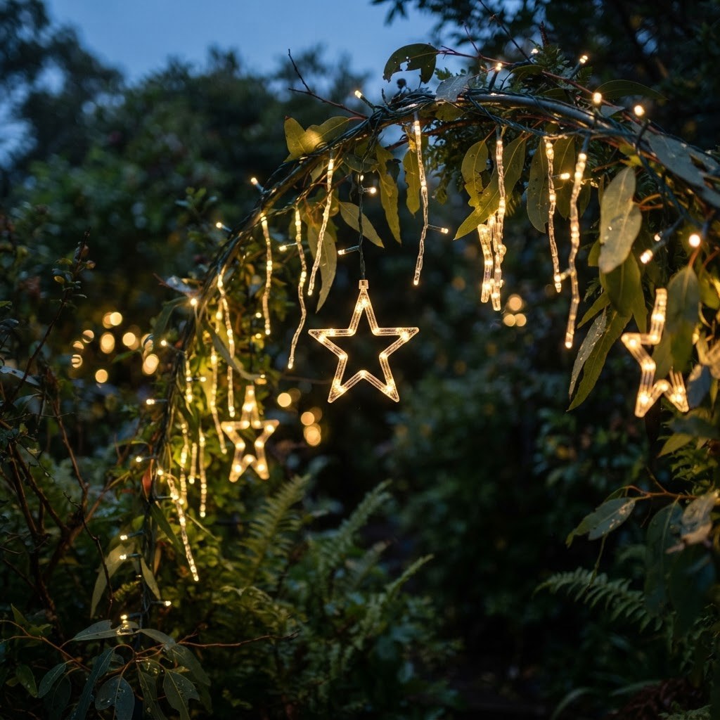 Solar-powered LED Christmas light displays glowing in a garden at dusk