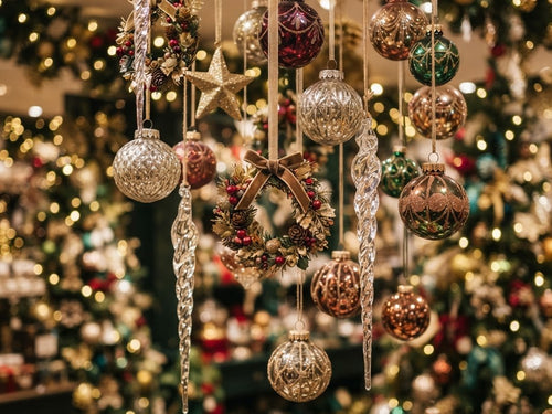 Hanging glass icicles, baubles and ornaments at varied heights