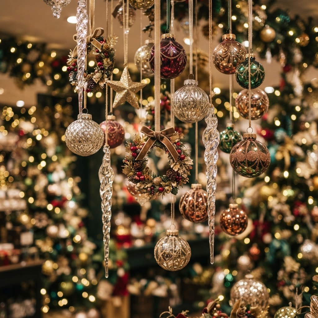 Hanging glass icicles, baubles and ornaments at varied heights