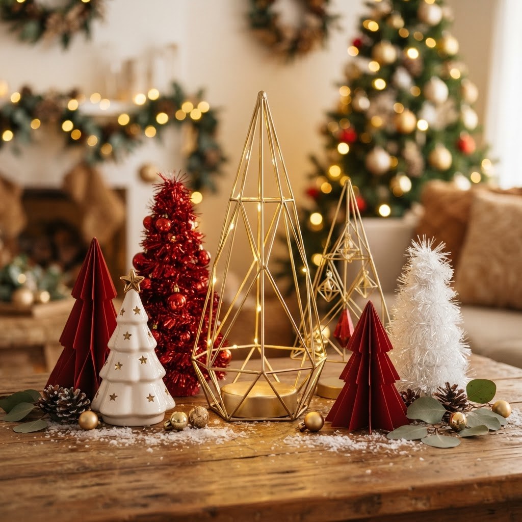 Decorative 3D tabletop Christmas trees in red, gold and white