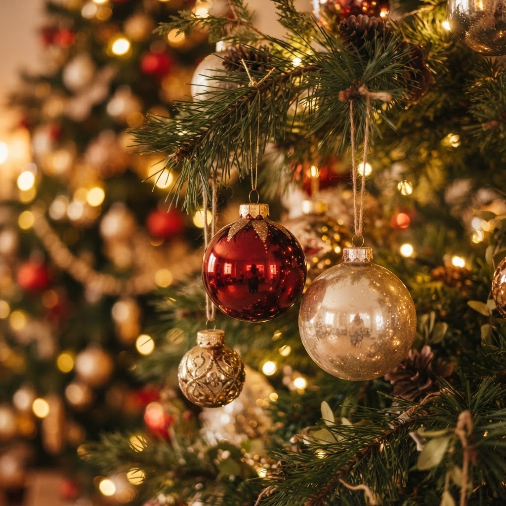 Glossy red and gold Christmas baubles on a pine branch