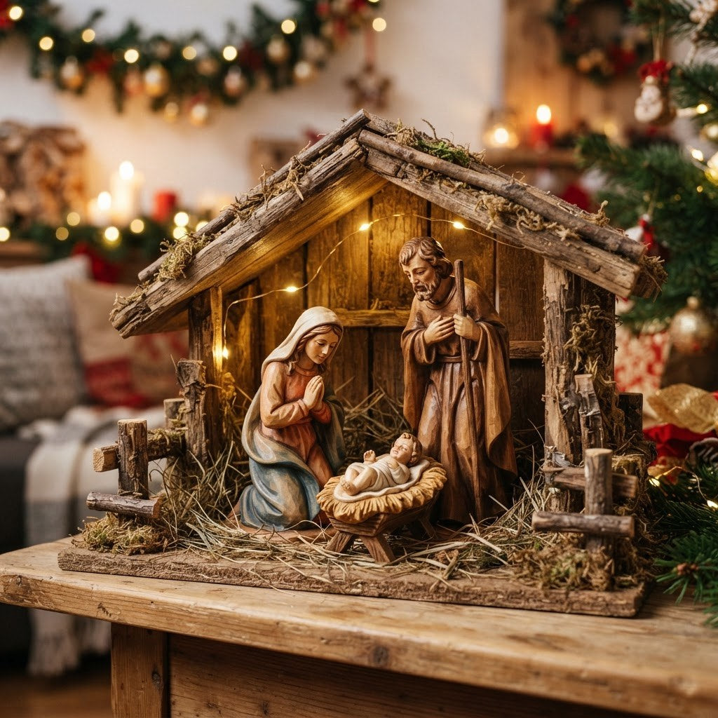 Traditional carved wooden nativity scene with warm light