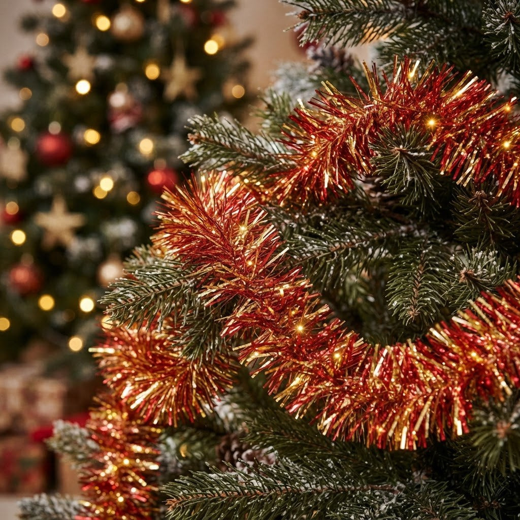 Sparkling red and gold tinsel garland on a Christmas tree