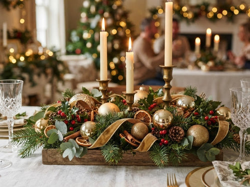Christmas table centrepiece with candles, pine and gold baubles