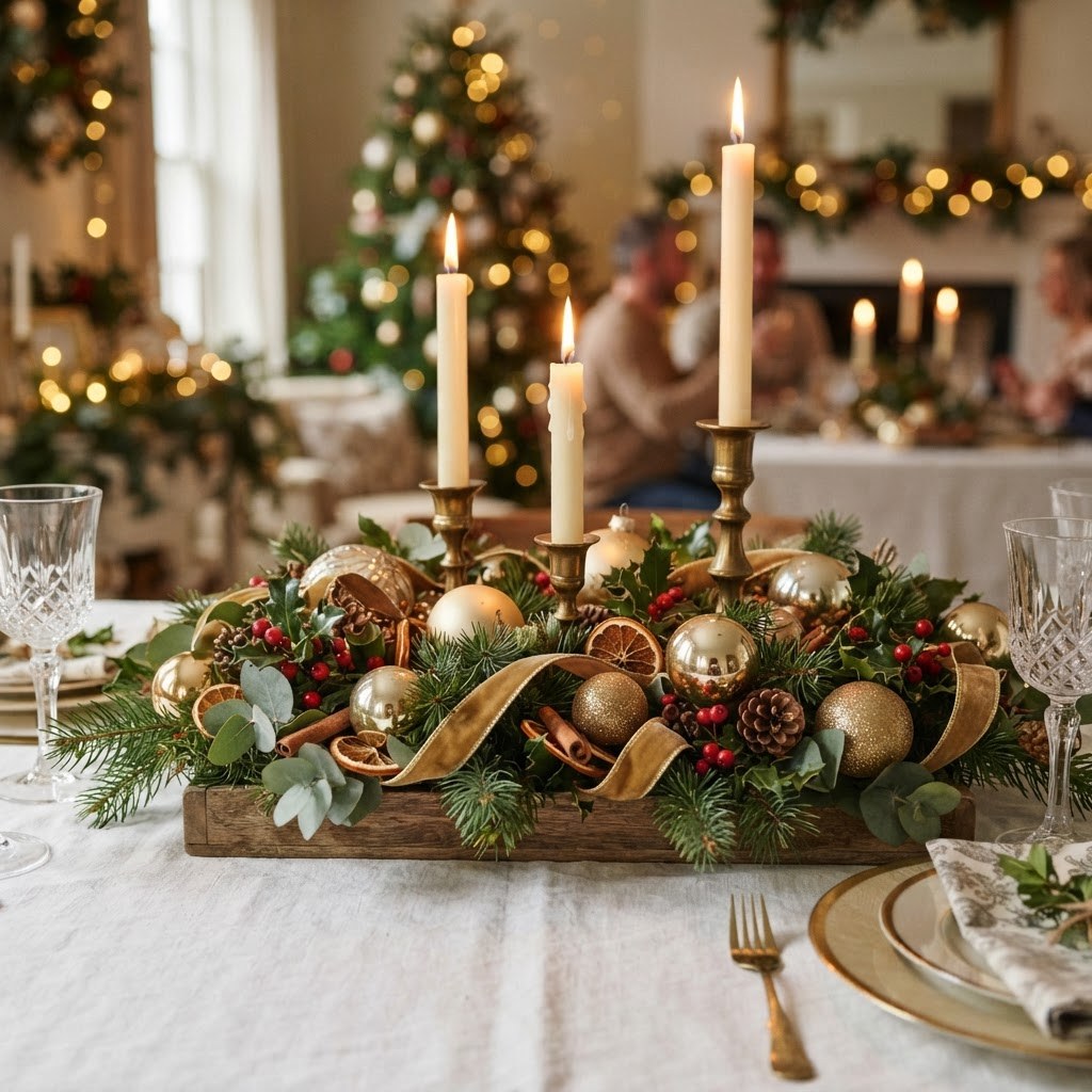Christmas table centrepiece with candles, pine and gold baubles