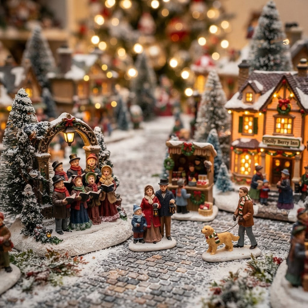 Miniature Christmas village caroler figurines in the snow