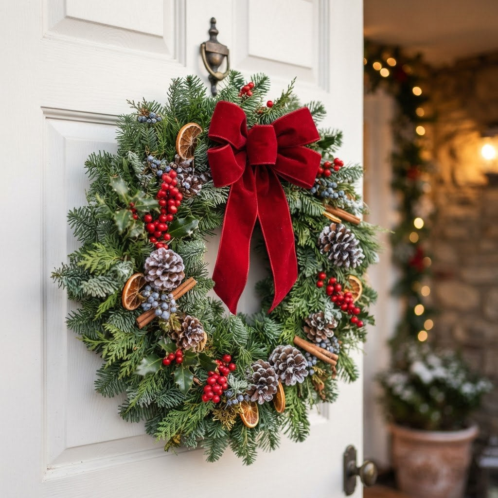 Traditional Christmas wreath with berries and bow on a front door