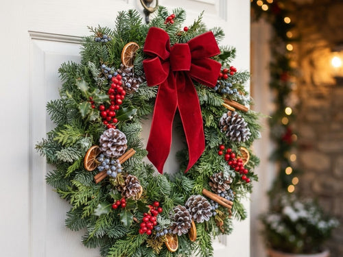 Traditional Christmas wreath with berries and bow on a front door
