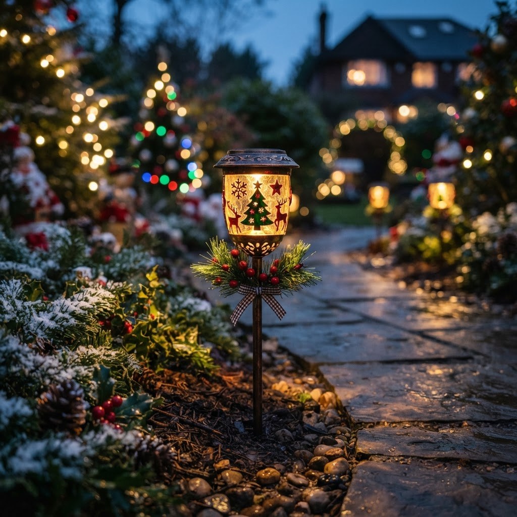 Solar pathway light stakes glowing along a garden path at dusk