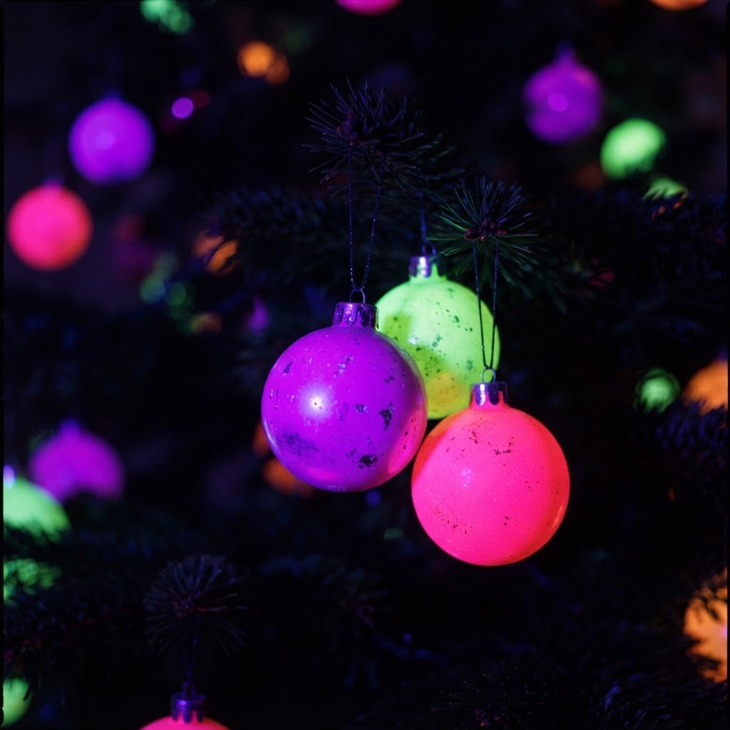 Neon UV-reactive Christmas baubles glowing under blacklight