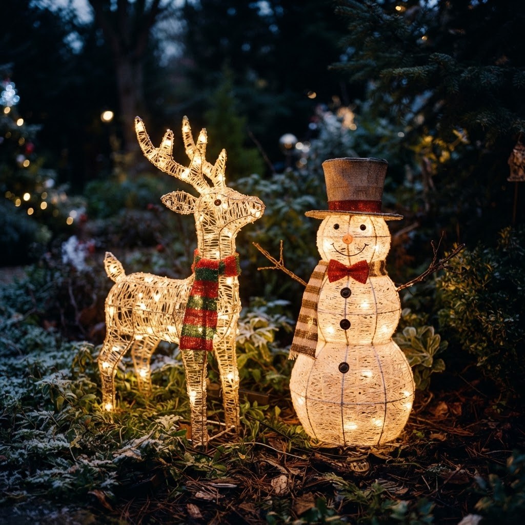 Illuminated solar reindeer and snowman figures in a garden at night