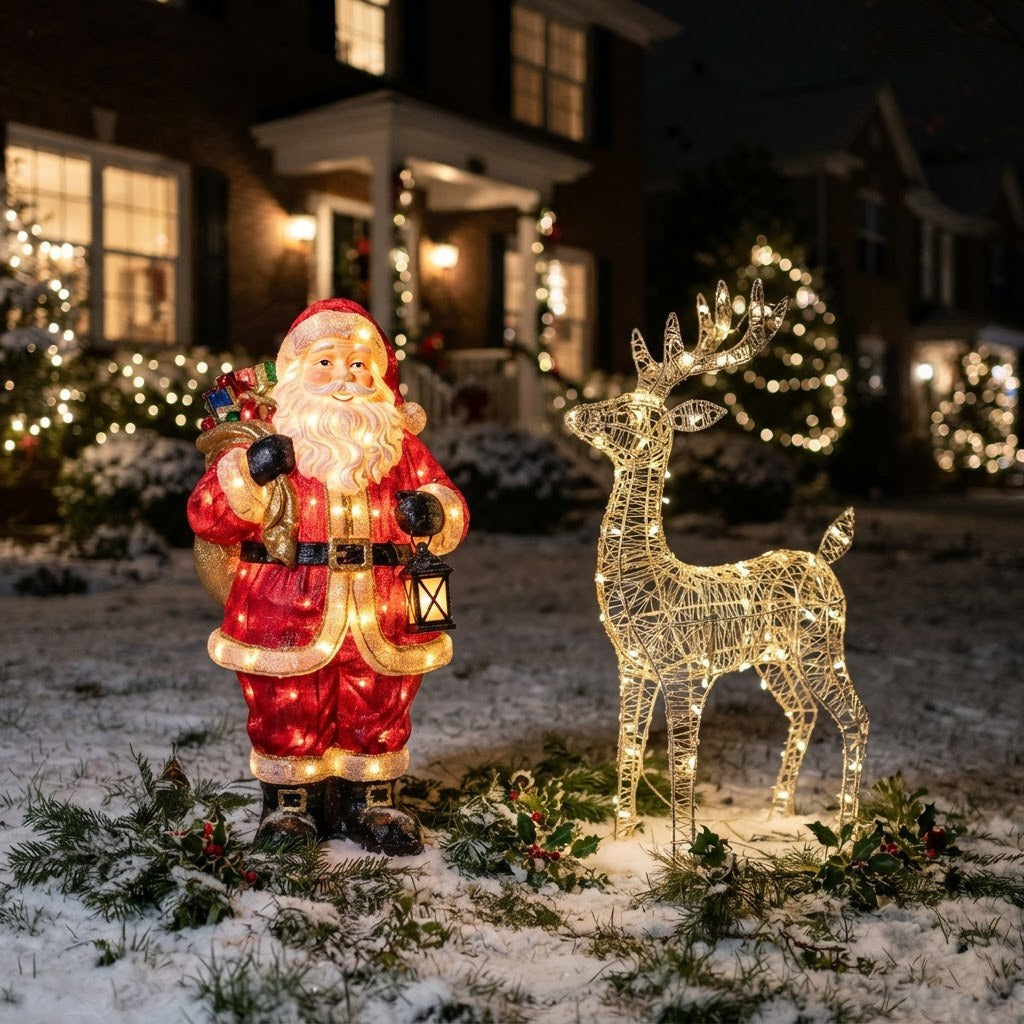 Illuminated outdoor Santa and reindeer figures on a front lawn