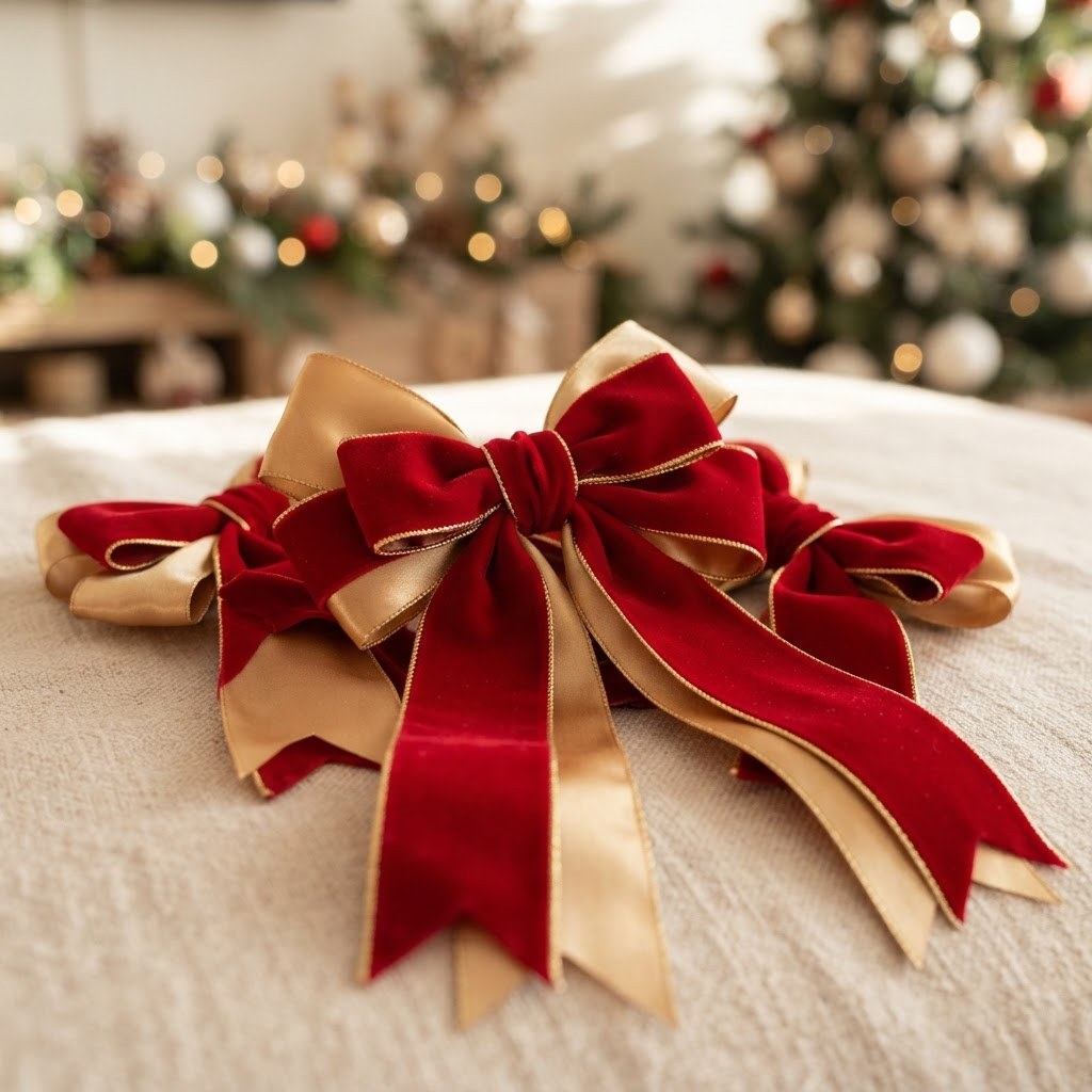Elegant red velvet and gold satin Christmas bows with ribbon