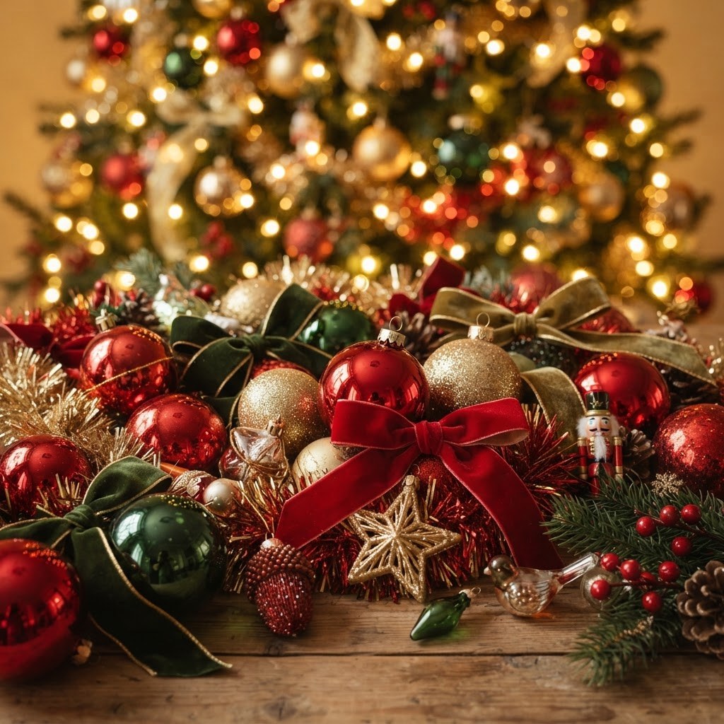 Assortment of Christmas baubles, tinsel and ribbons in red, gold and green