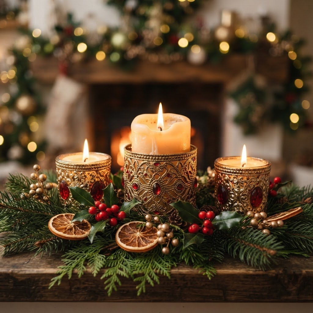 Glowing Christmas candles in gold and red holders with pine