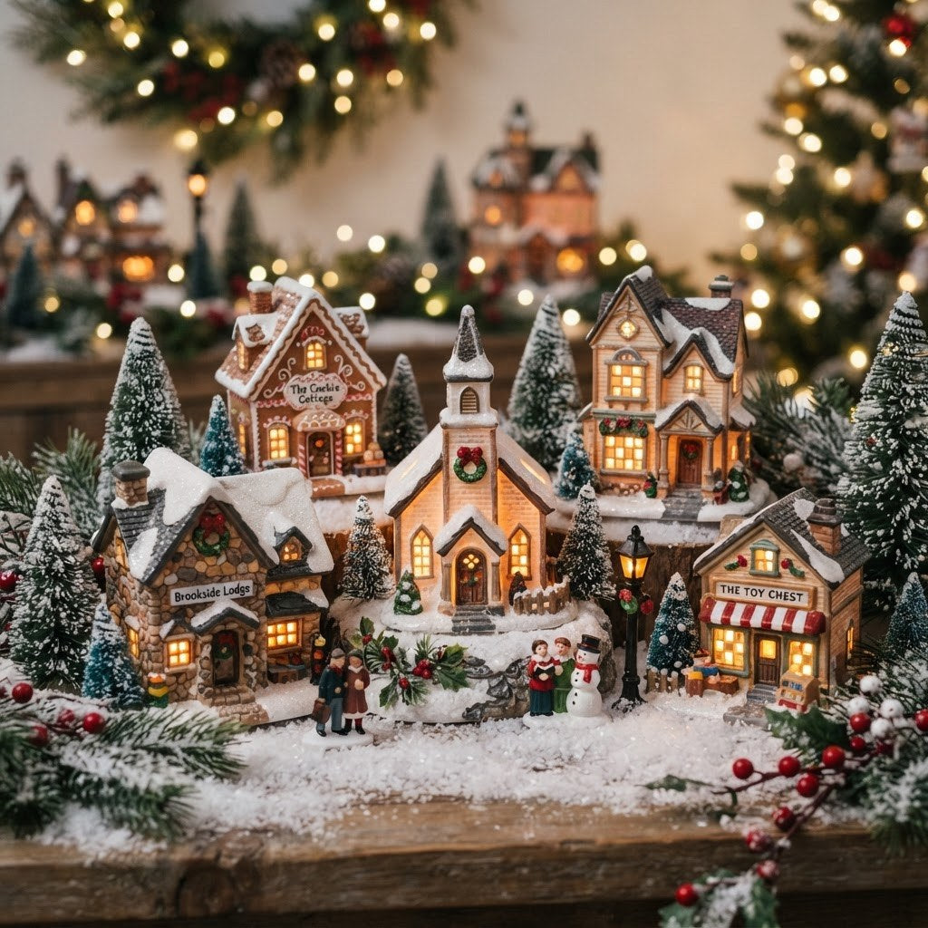 Miniature ceramic Christmas village houses lit from within