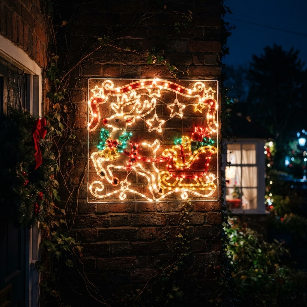 Glowing LED Christmas rope light sign on a house wall at night
