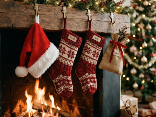 Red and white Christmas stockings, Santa hat and gift sack on a mantel