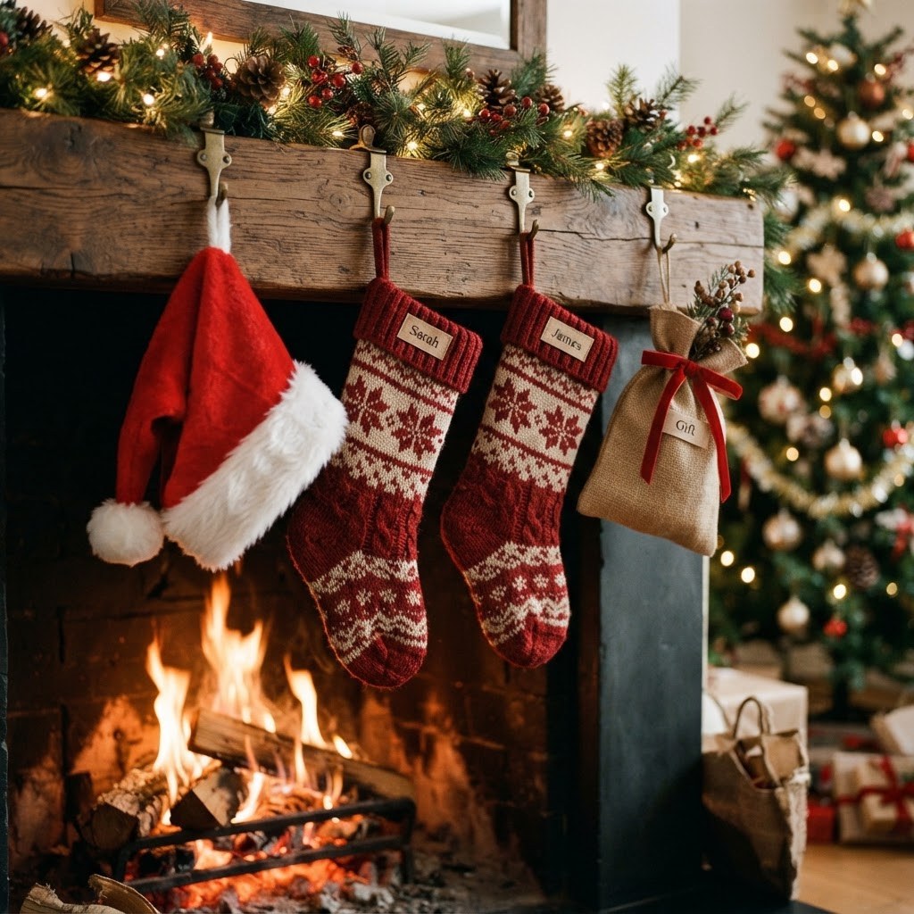 Red and white Christmas stockings, Santa hat and gift sack on a mantel
