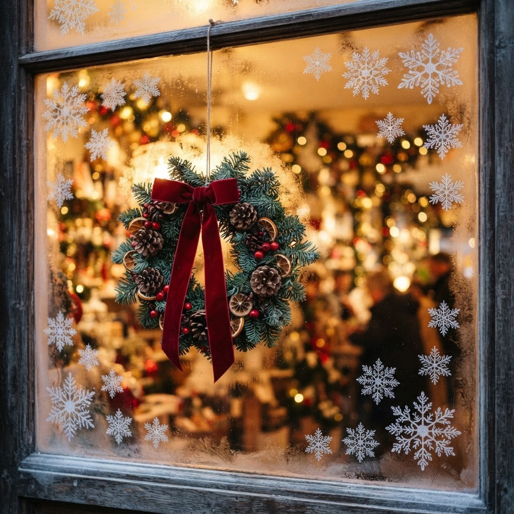 Frosted window with snowflake decals and a small wreath
