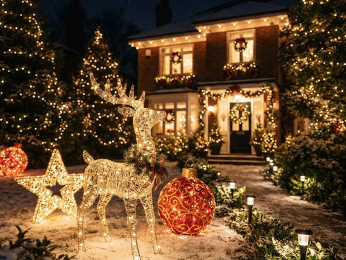 Large illuminated outdoor Christmas ornaments and reindeer at night