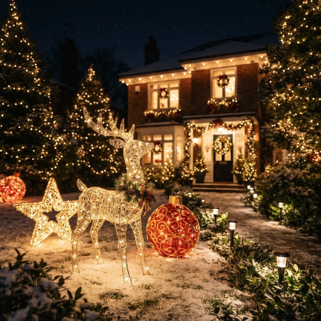 Large illuminated outdoor Christmas ornaments and reindeer at night