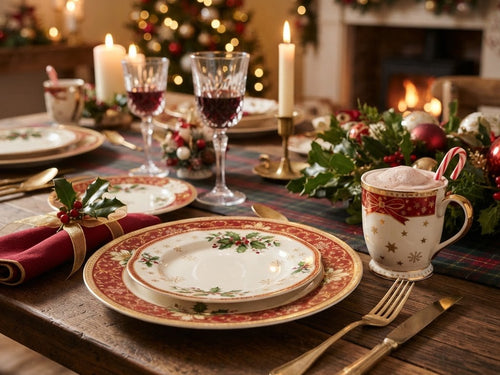 Festive Christmas plates and mugs on a set table
