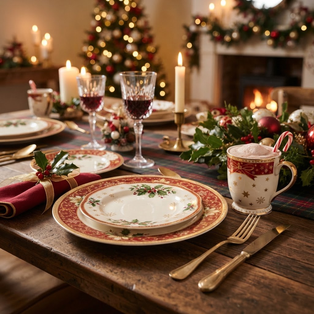 Festive Christmas plates and mugs on a set table