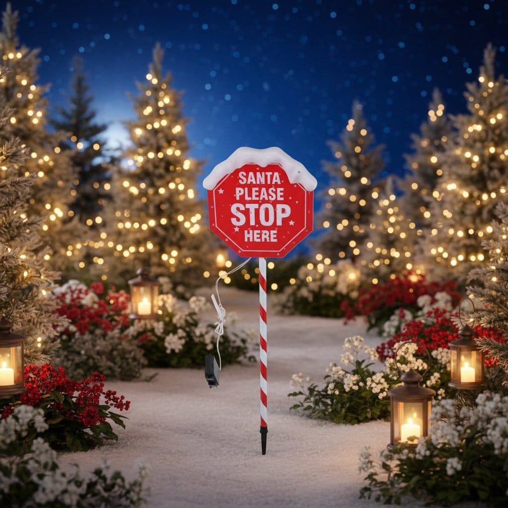 LED Battery Operated Santa Stop Here Stake Light (105cm)