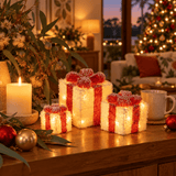 LED Battery Operated Presents (3pc) shown at true size (10, 15 and 20cm) on a side table