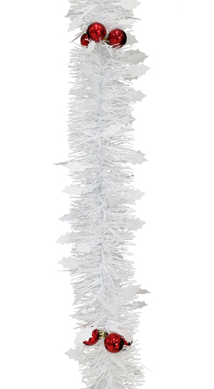 White Matte Holly Tinsel with Baubles (2m) - View 1