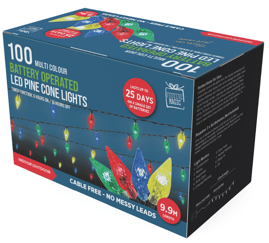 100 LED Battery Faceted Cone Lights Multicolour with Timer