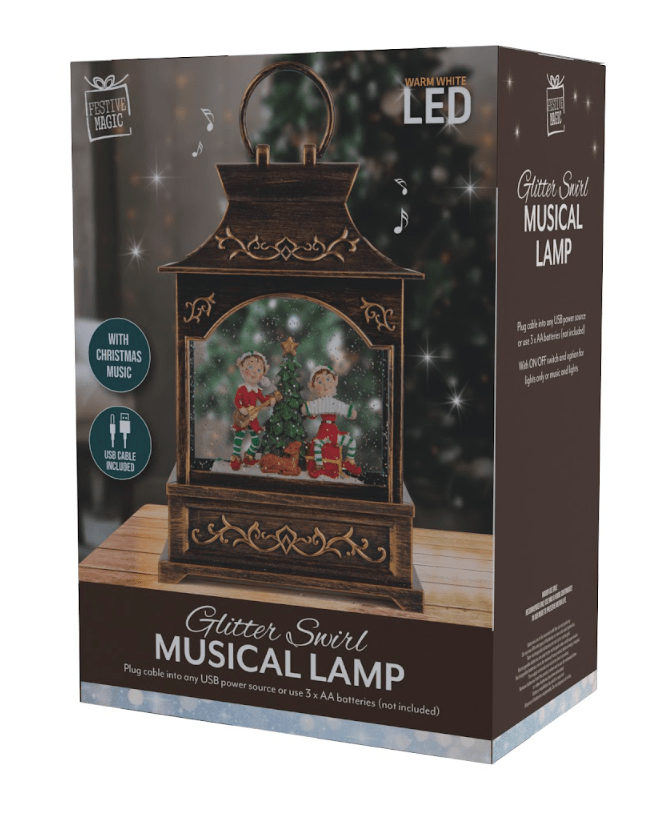 LED Glitter Swirl Musical Large Lantern USB 2 Asst
