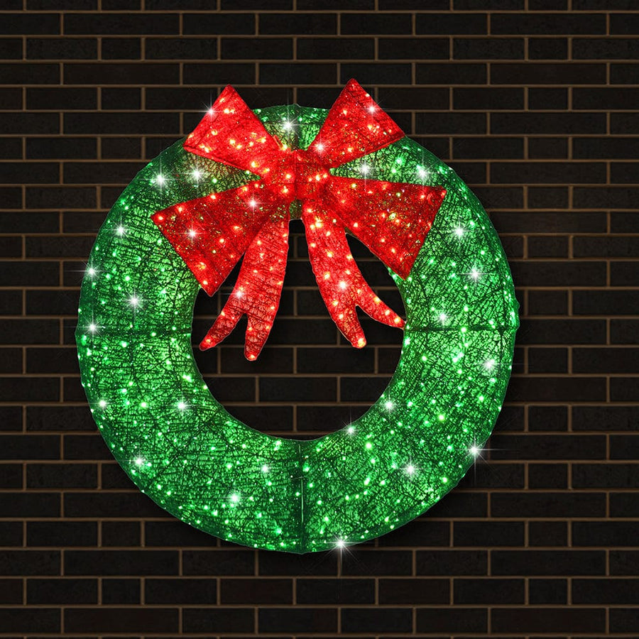 LED Green Tinsel Mesh Wreath with Red Bow