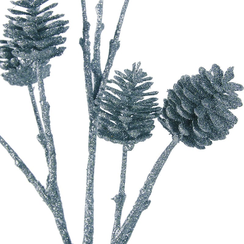Silver Glitter Pinecones On Stem (51cm)