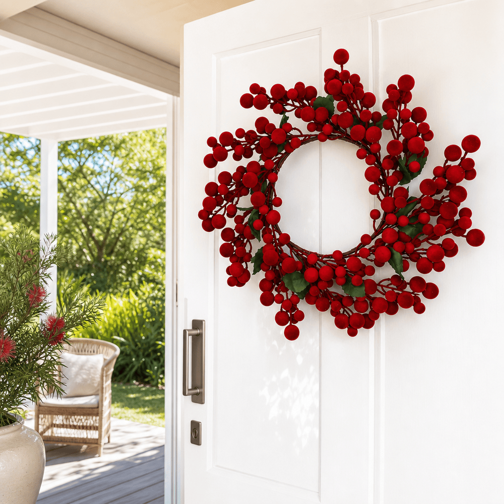 Red Flocked Berry Wreath (55cm)